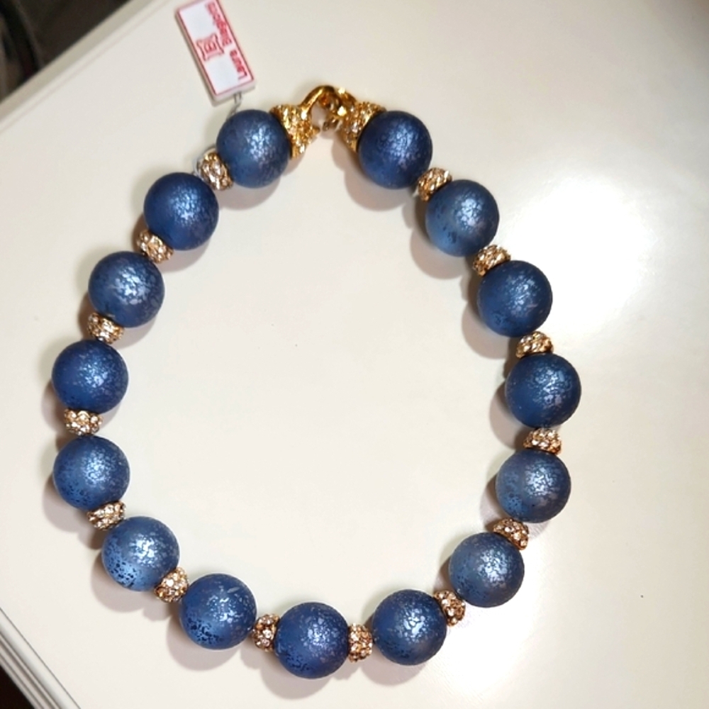 Stunning Laura Biagiotti Vintage Blue Grey Beaded Choker Necklace with tag.